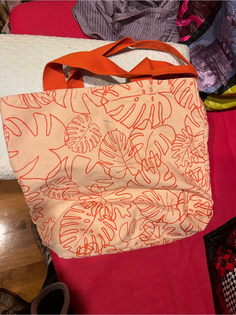 ban.do Cream Canvas Tote with Orange Leaf Print and Orange Handles